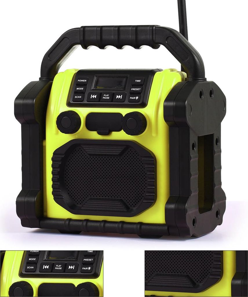 FM Radio Bluetooth Box IP66, tragbarer Outdoor Lautsprecher mit LED Taschenlampe, 4000mAh Akku, Powerbank, Garage Baustelle Camping