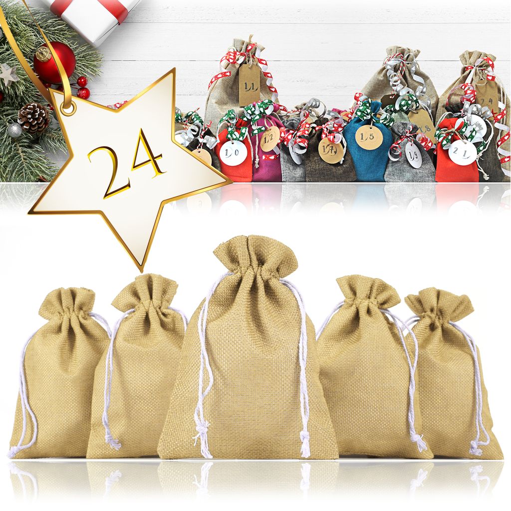 24er Set Jutesäckchen für Adventskalender zum selbst befüllen, 17,5cm x 12,5cm, Jutebeutel, Stoffbeutel, Natur Säckchen, Geschenksäckchen, Sac...