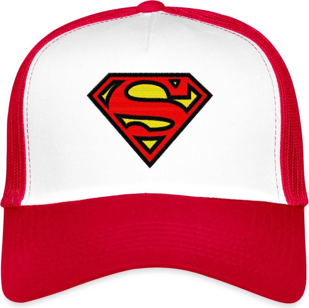 Spreadshirt Superman Logo S-Shield Stick Trucker Cap, One size, Weiß/Rot