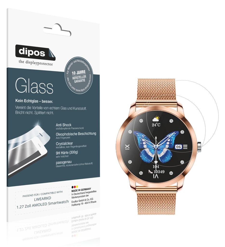 2x Schutzfolie für LWEARKD 1.27 Zoll AMOLED Smartwatch - Anti-Shock 9H Folie dipos Glass Kunststoffglas