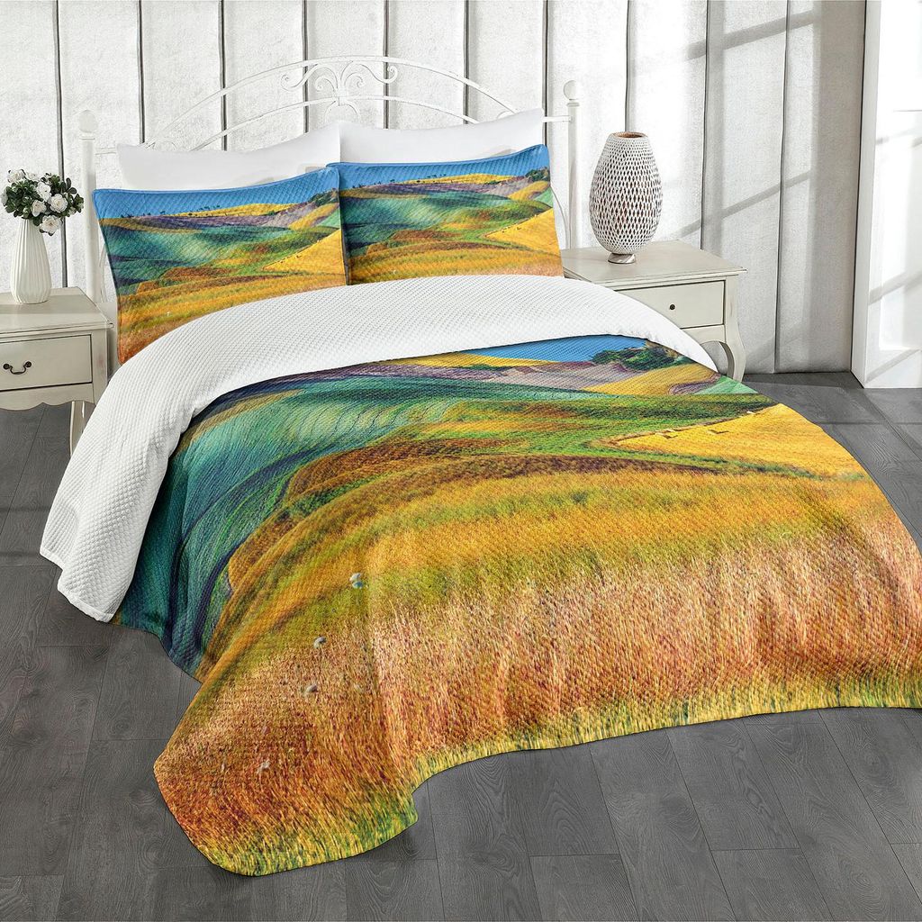 ABAKUHAUS Herbstlich Tagesdecke Set, Autumn Themed Landwirtschaftliche Landschaft der bunten Weizen Gerste Getreidefelder auf den Hügeln, 220 x 22...