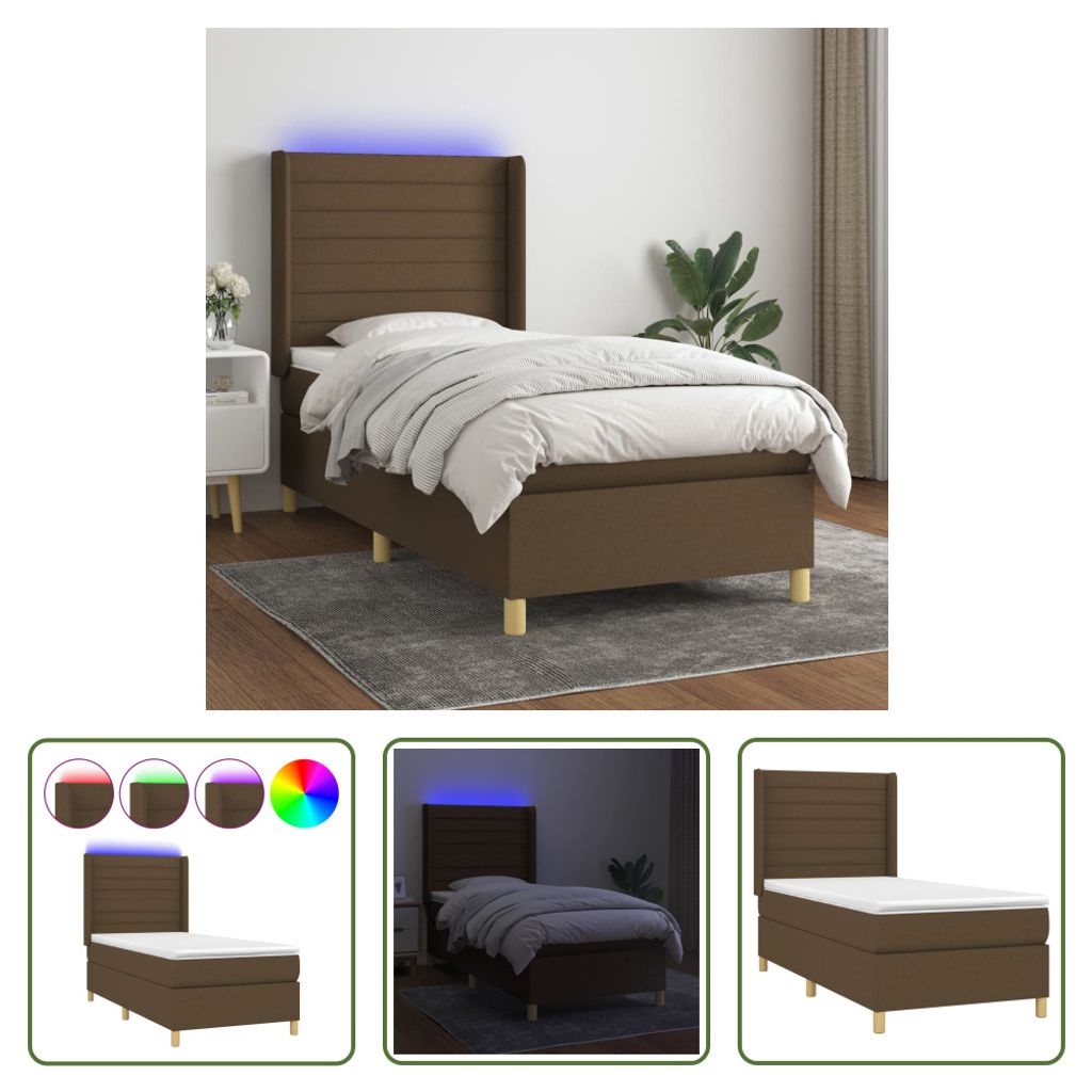 The Living Store Boxspringbett mit Matratze & LED Dunkelbraun 90x200 cm Stoff