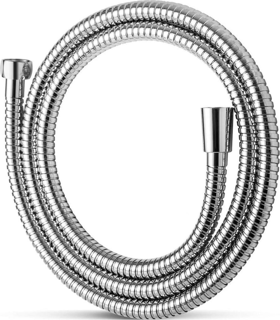 A coiled silver shower hose with chrome fittings on a white background.