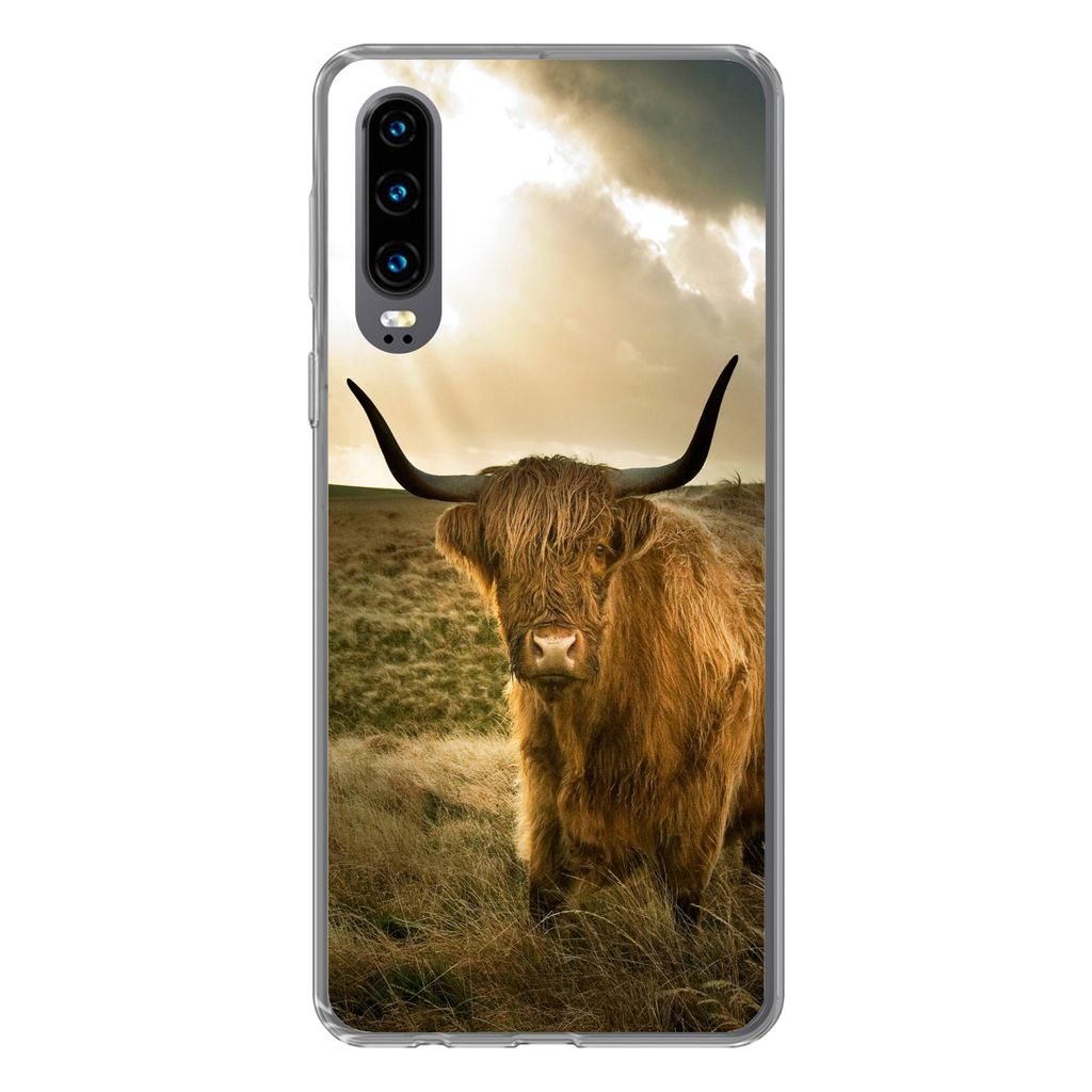 MuchoWow Handyhülle Schutzhülle Hülle für Huawei P30 Schottischer Hochländer - Sonne - Tiere Silikon Softcase Handy Hülle - Kartenbesitzer