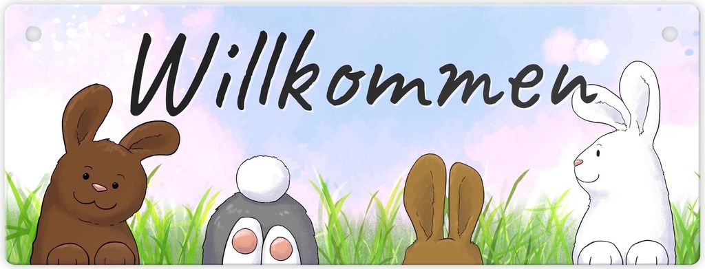 Willkommen Metallschild mit lustigem Hasen-Motiv