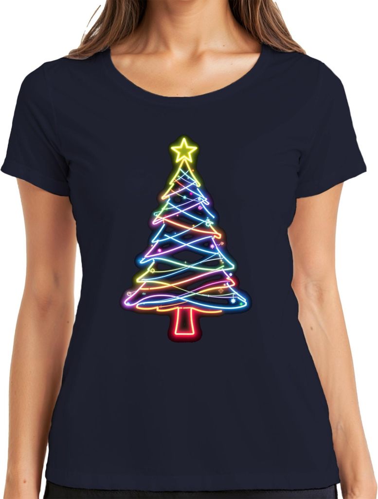 Neon Weihnachtsbaum Leuchtend Bunt Stern Neonlicht Weihnachten Damen T-Shirt, Navy, S