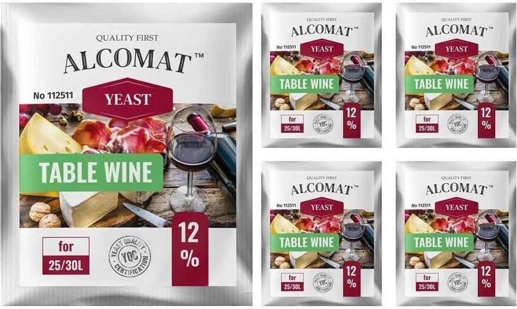 Alcomat Table Wein Wine Yeast HAT Gärhefe Wein Weinhefe auf 25 bis 30 Liter Tafelwein Gärung bis 12% 5 Stück