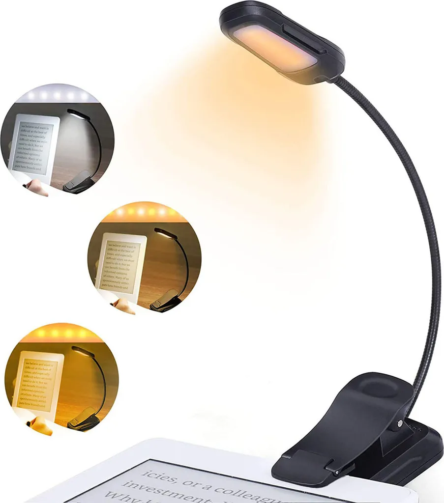 Luci di lettura per libri a letto Lampada portatile a clip a LED ricaricabile via USB Protezione degli occhi in 3 colori e 3 luminosità e collo d'oca flessibile Indicatore di alimentazione Perfetto per gli amanti dei libri bambini