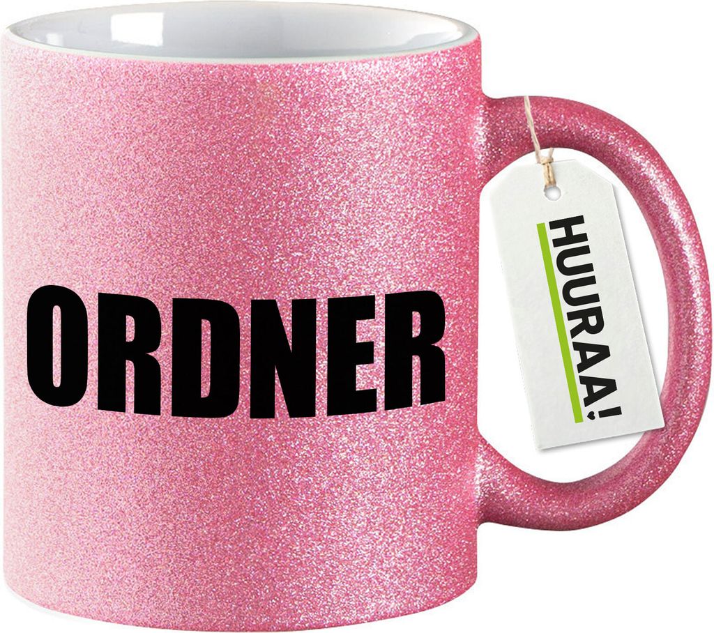 Huuraa Glitzertasse Ordner Schriftzug 330ml Pink Keramik Kaffeebecher Geschenkidee
