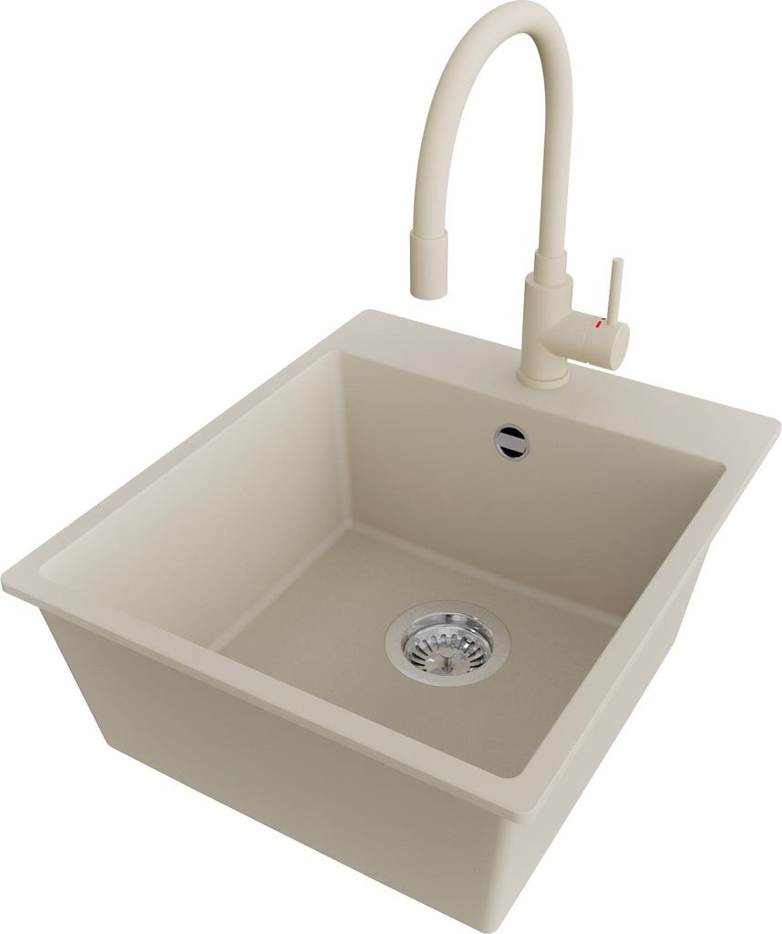 PRIMAGRAN Granitspüle Beige 43x50cm, Spülbecken 1 Becken + Küchenarmatur 38x14cm + Ablauf-Set, Küchenspüle ab 45er Unterschrank - Riga