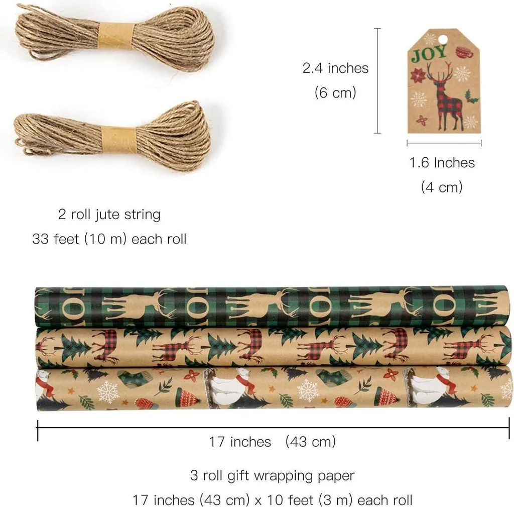 Rouleaux de Papier Kraft de Noël Vert Imprimé Pingouin - Pack de 3
