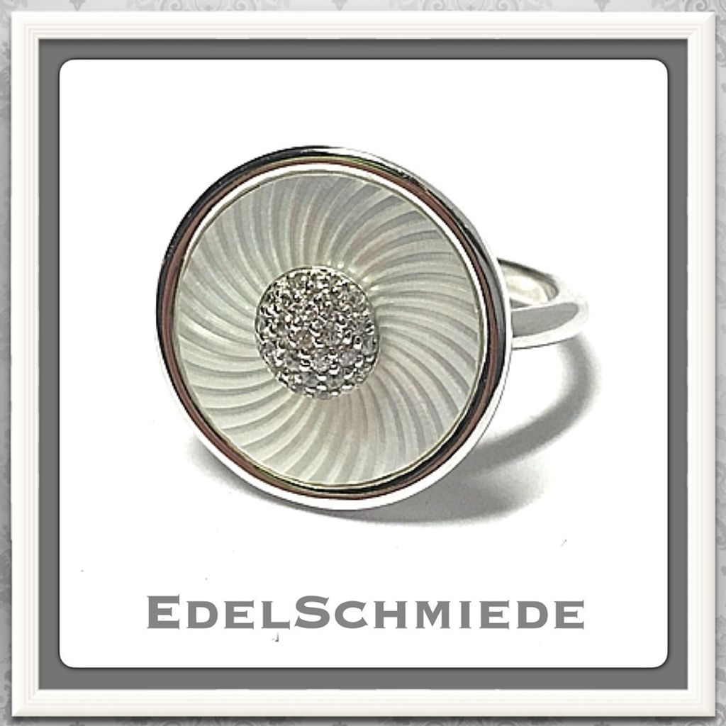 grav. Perlmuttscheibe Ring 925 Silber + Zirk. #56