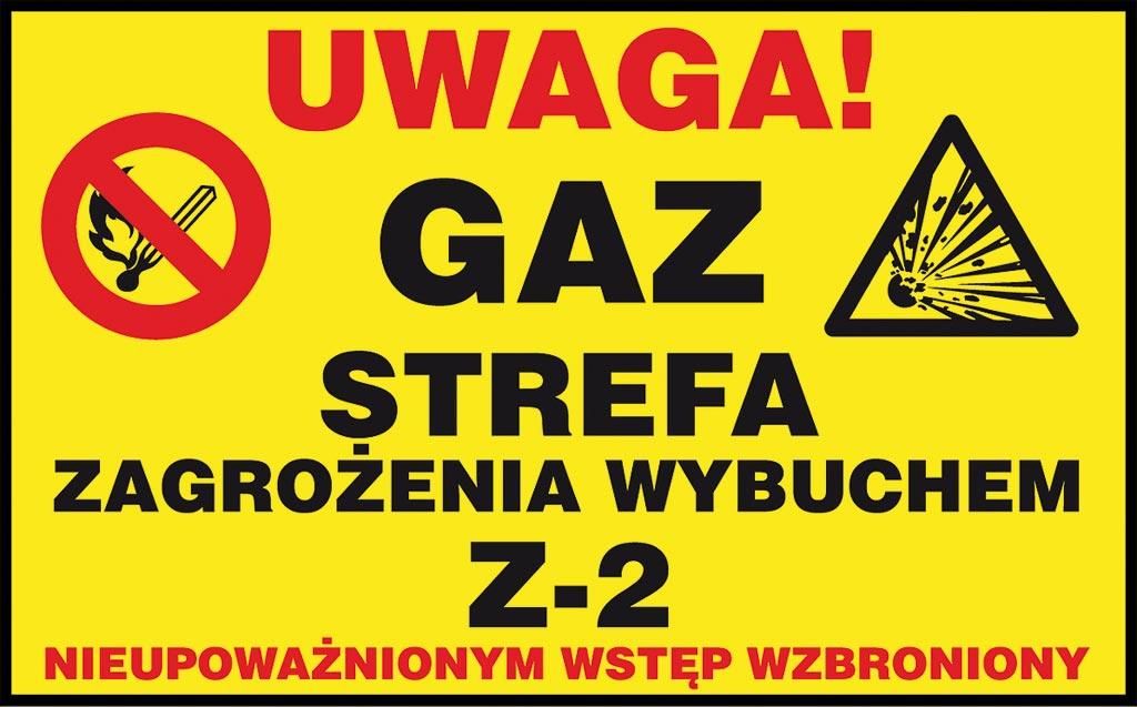 Zusatzschild - Gas "Achtung! Gasexplosionsgefährdete Zone Z-2, unbefugtes Betreten verboten"