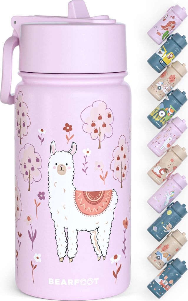 Trinkflasche Kinder Edelstahl mit Strohhalm, Thermosflasche 400ml - BPA frei, auslaufsicher, Kleinkinder, Mädchen & Jungen Wasserflasche - Lama lila