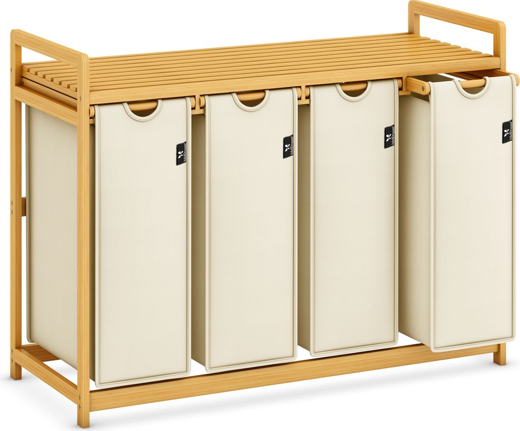 AdelDream Wäschekorb mit Bambusrahmen 200L 4 Fächer ausziehbarer und abnehmbarer Wäschesack Wäschesammler laundry baskets Beige