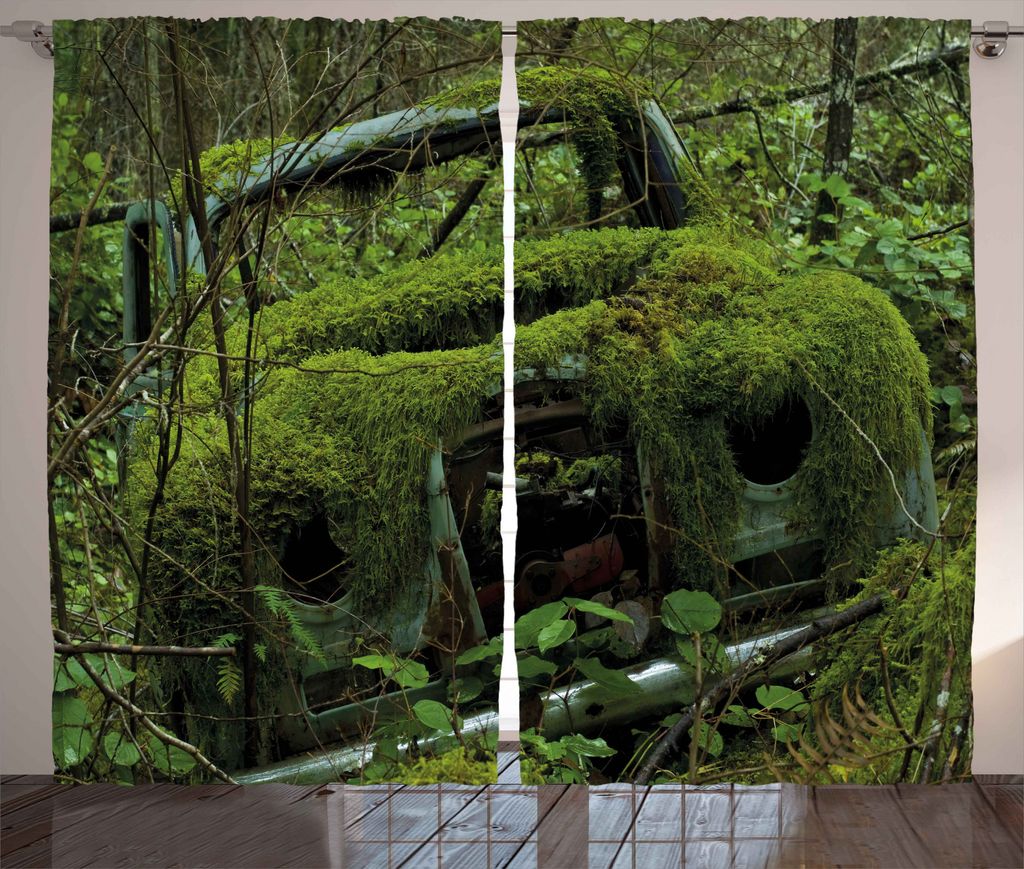 ABAKUHAUS Jahrgang Rustikaler Vorhang, Old Classic Car Wald, Wohnzimmer Universalband Gardinen mit Schlaufen und Haken, 280 x 175 cm, Olivengrün