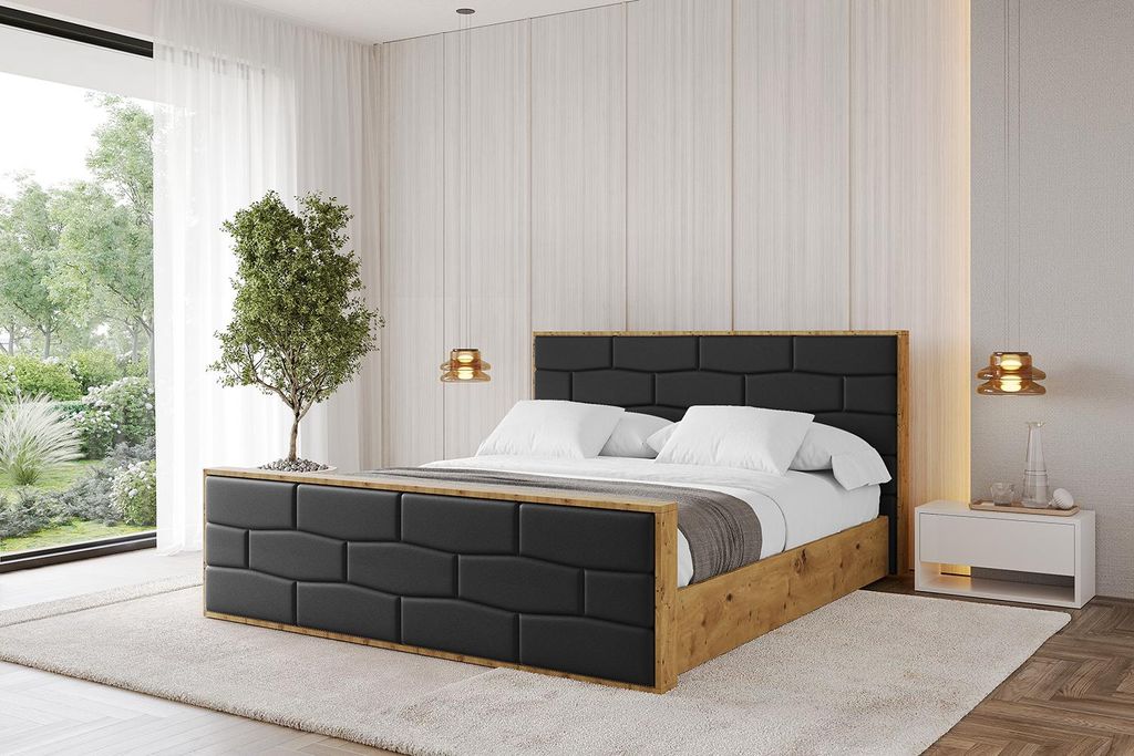 ALTDECOR Polsterbett mit Bettkasten - ENZO8-Z - 140x200 Schwarz Kunstleder- Bett mit Kopfteil und Fußteil, Boxbett ohne Matratze, Doppelbett mit S...