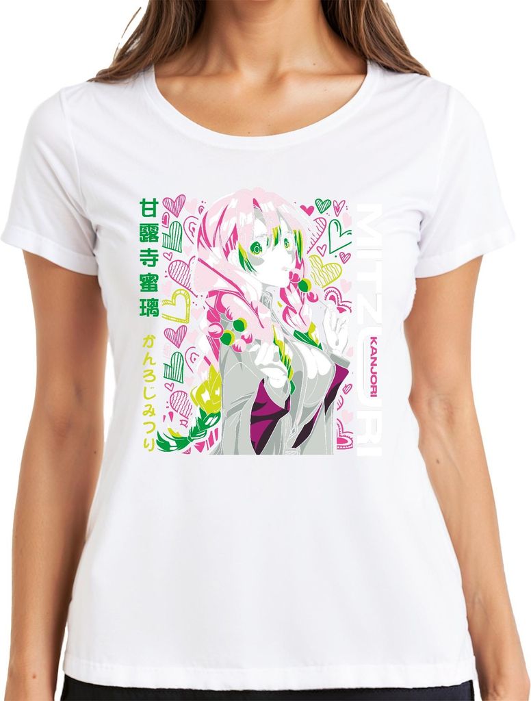 Mitsuri Kanroji Demon Slayer Anime kawaii Herz Pastell Geschenk Damen T-Shirt, Weiß, XL