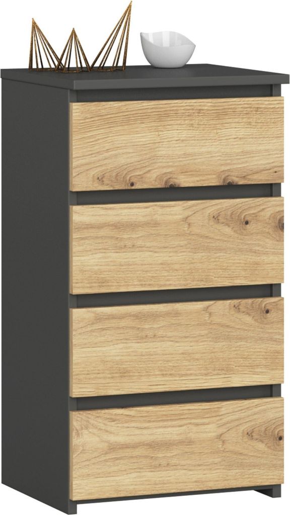 3xEliving Kommode, Sideboard mit 4 Schubladen (B:40cm x H:74cm x T:35cm) in Graphit Grau & Artisan Eiche