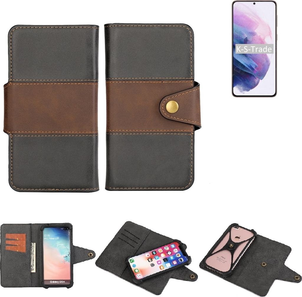 K-S-Trade Handyhülle Schutzhülle Hülle Bookstyle Wallet-Case kompatibel mit Samsung Galaxy S21+ 5G SD888 Bumper Rundumschutz schwarz-braun 1x