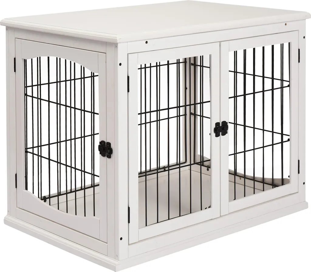 Niche pour Chien Intérieur en Bois et Métal Blanc, Box de Transport