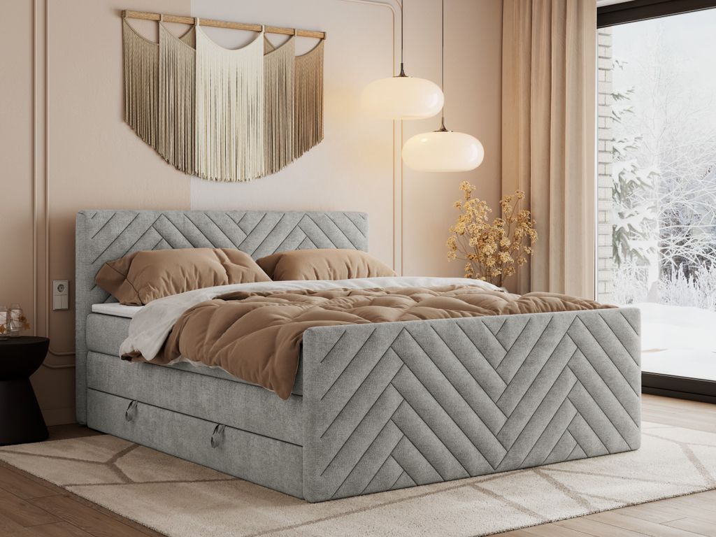 MKS MEBLE Boxspringbett 140x200 mit Bettkasten Matratze H3 - Paris King Duo - Hellgrau Struktur