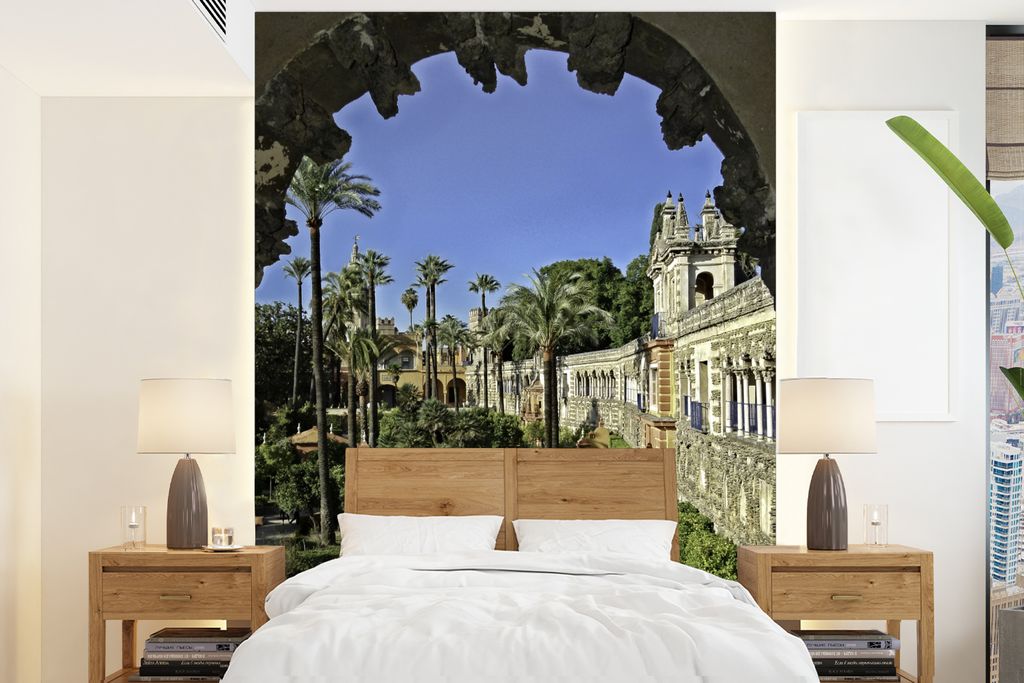 MuchoWow Fototapete für Wohnzimmer oder Schlafzimmer Wandtapete Vinyl Motivtapete Sevilla - Gärten - Palast - 165x220 cm - Wanddekorationen