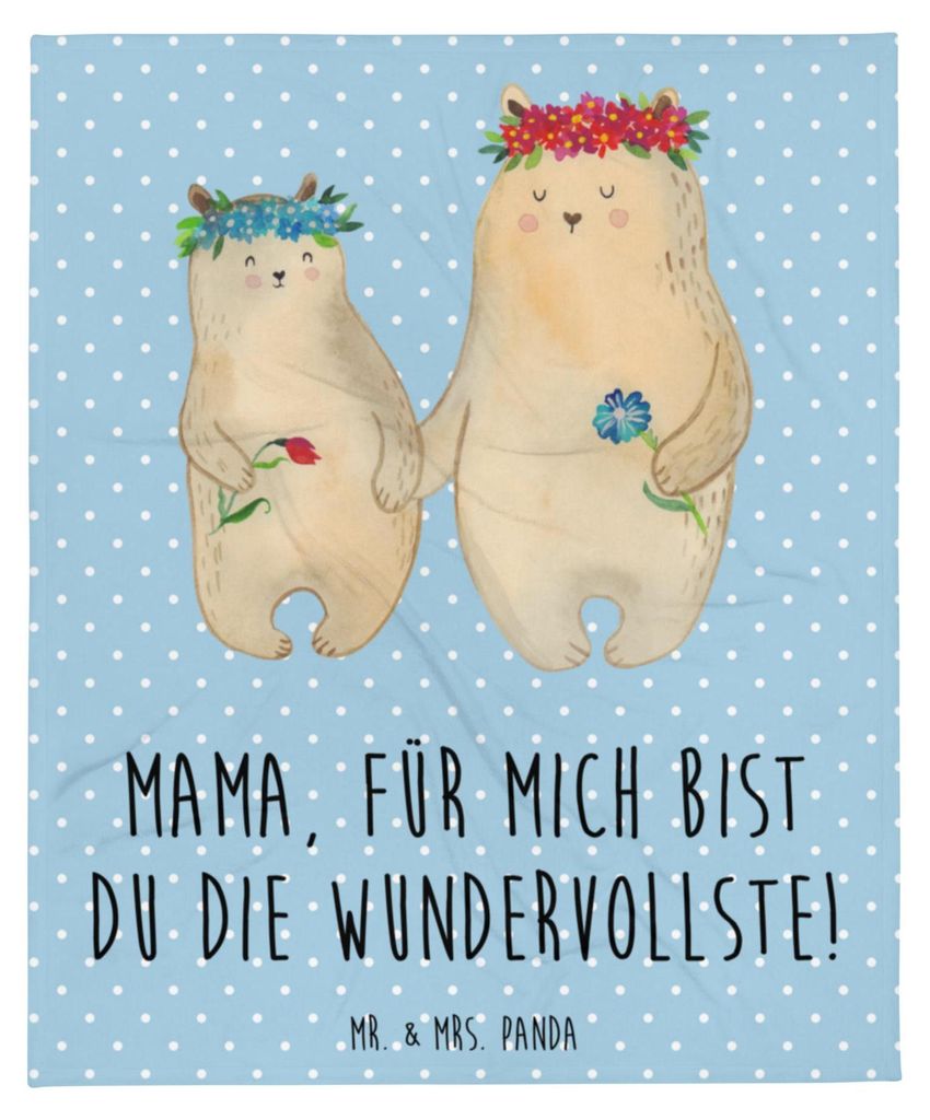 Mr. & Mrs. Panda Bettdecke Bären mit Blumenkranz - Blau Pastell - Geschenk, Familie, Kinder, Flauschige Decke, Kuscheldecke, Tagesdecke, Mutti, So...