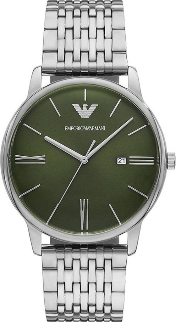 A close-up studio shot of an Emporio Armani analog watch.