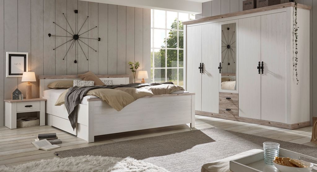 Schlafzimmer komplett "Rovola" Pinie weiß / Oslo Pinie Landhaus Komplettzimmer