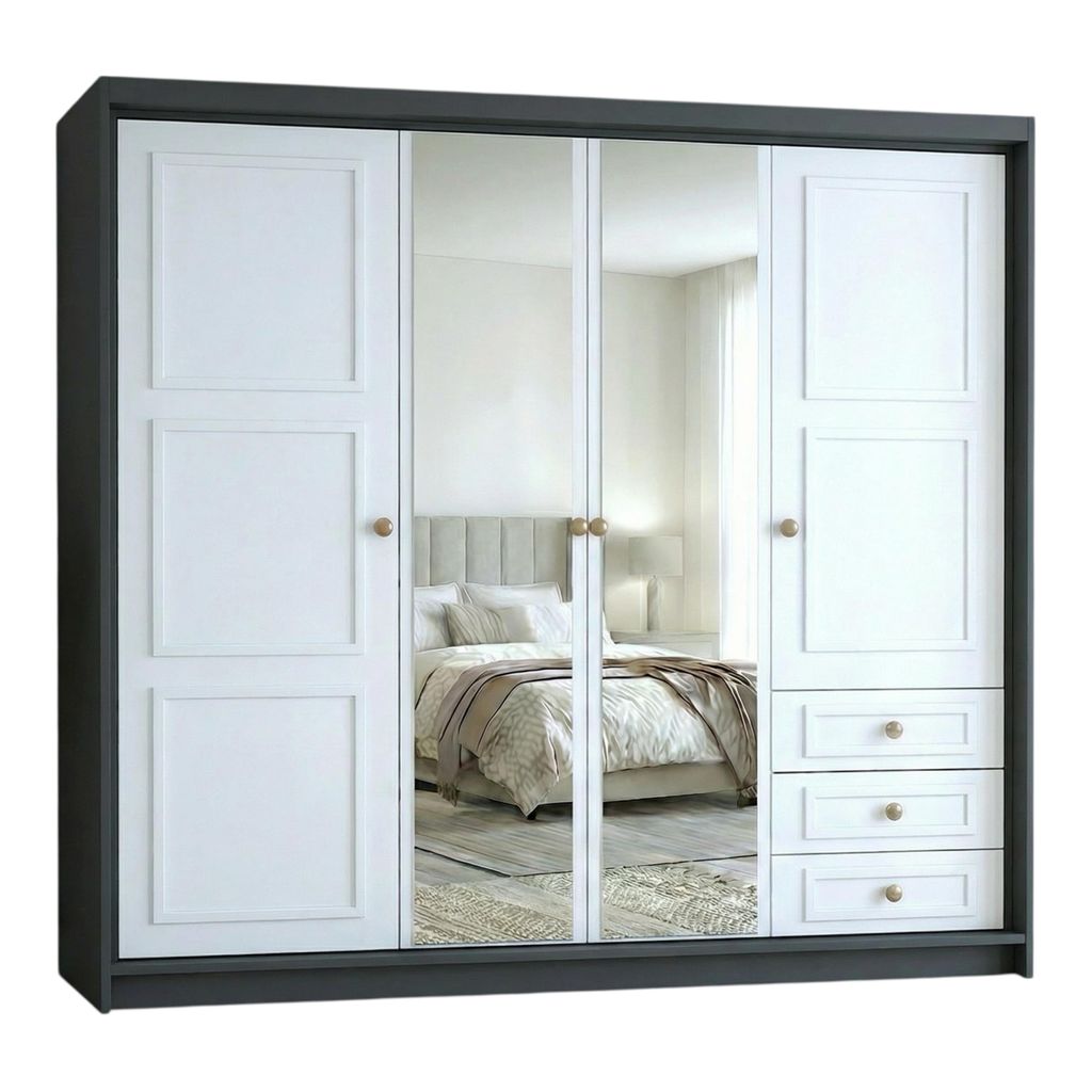 Geräumiger viertüriger Kleiderschrank OSLO mit Schubladen und Metallgriffen – modernes Design Farbe: Graphit | Weiß