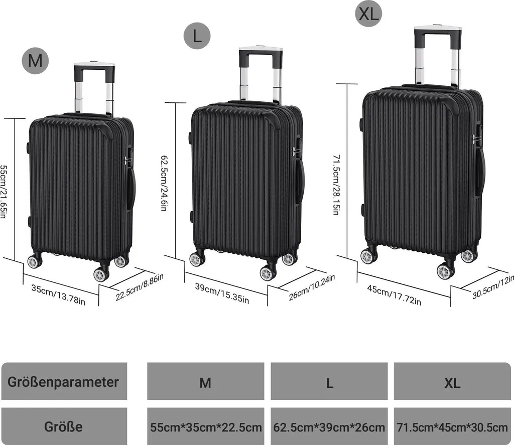 Valises rigides sans surpoids, set de bagages noir TSA haute sécurité
