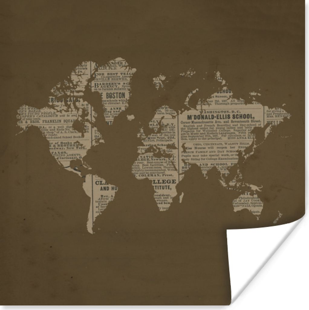 MuchoWow Poster Weltkarte - Zeitung - Braun 30x30 cm - Wandposter - Printing