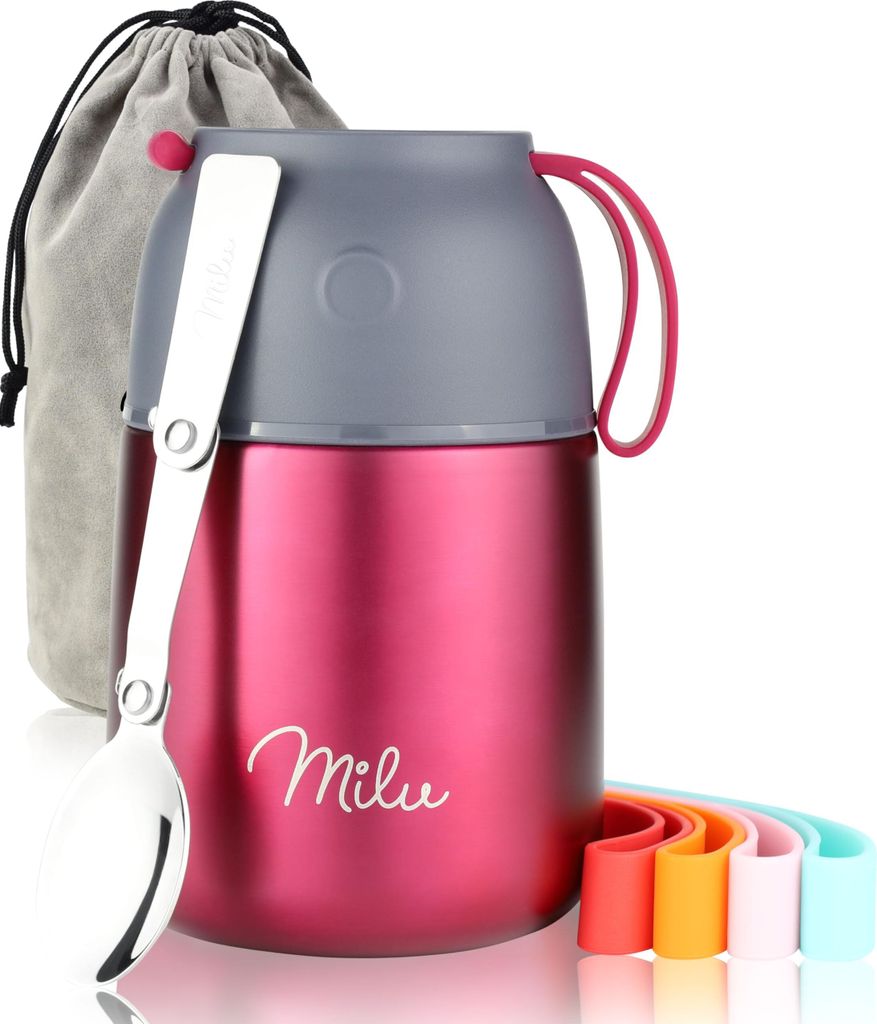 Milu Thermobehälter für Essen 450ml, Edelstahl Warmhaltebehälter mit Löffel, Thermobecher Essen, Thermo Lunchbox für Kinder, Erwachsene, Berry
