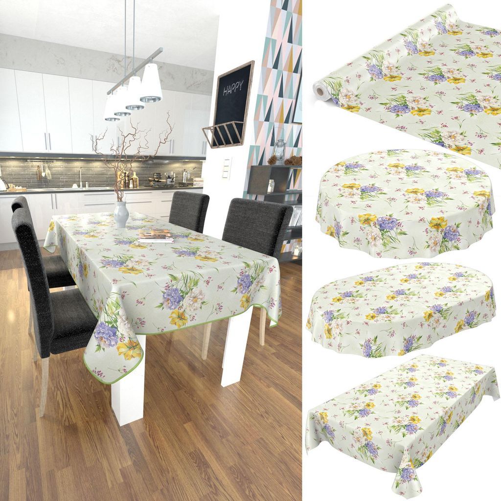 Tischdecke Wachstuch Blumen Grün Robust Wasserabweisend Rund 120 cm