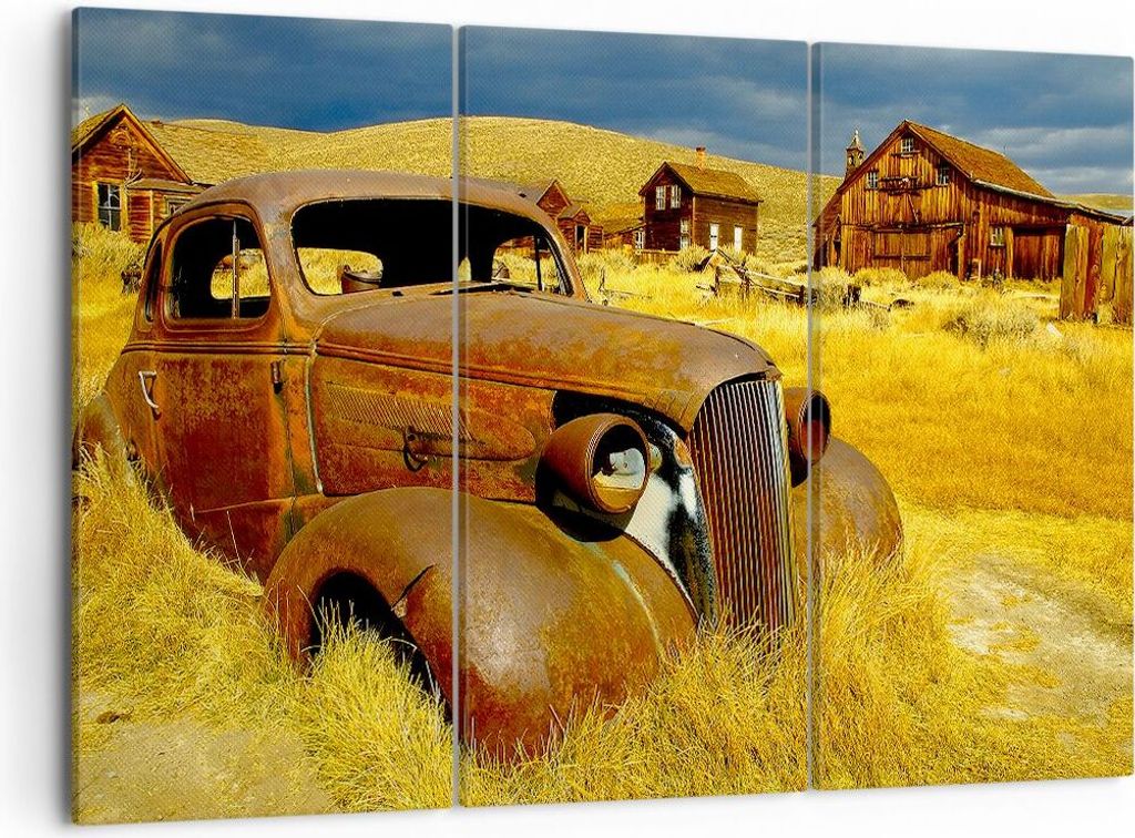 Bild auf Leinwand - Leinwandbild - Bauernhof altes Auto aufgegeben - 105x70cm - Wand Bild - Wanddeko - Leinwanddruck - Bilder - Kunstdruck - Leinwa...