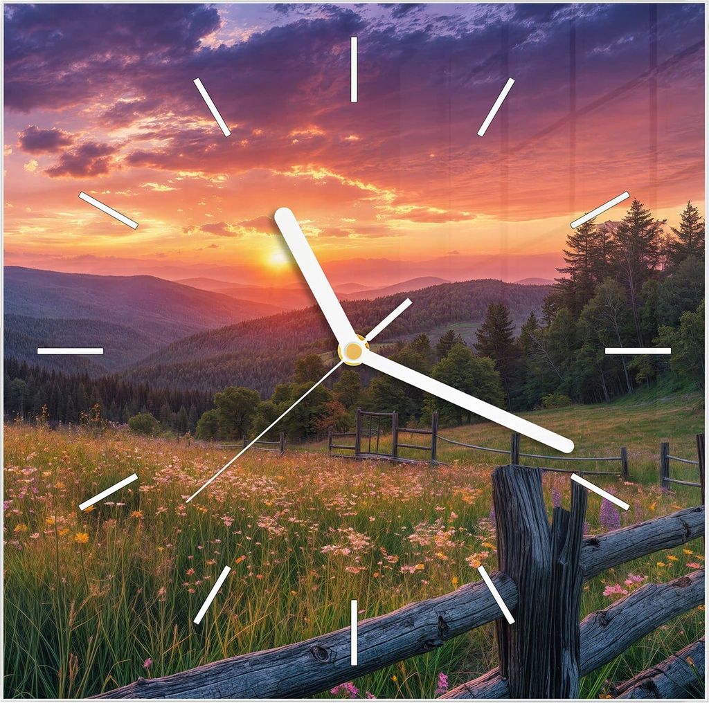 Wanduhr aus Glas mit Motiv Sonnenuntergang Wiese- 30 x 30 cm - inkl. Aufhängesystem