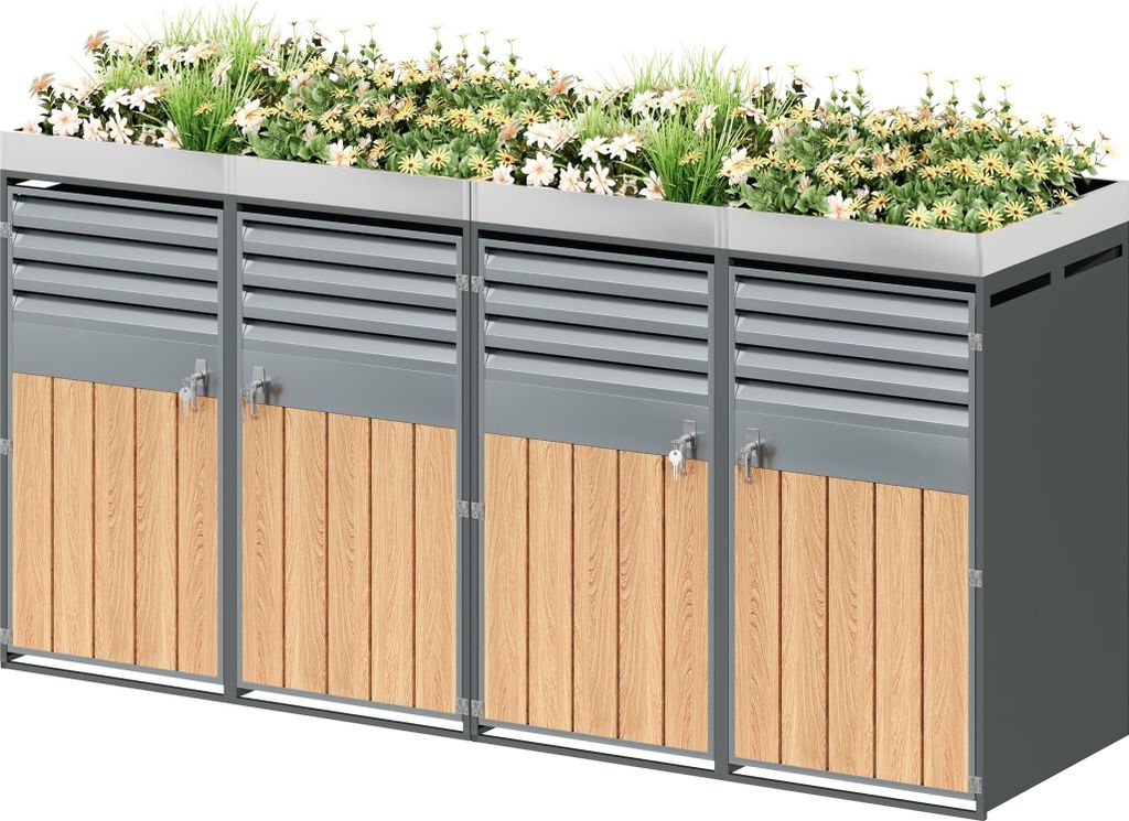 Mülltonnenbox ,Lüftungsöffnung mit Lamellen, trash storage compartments,Abschließbar, Vier Türen,Pflanzfläche