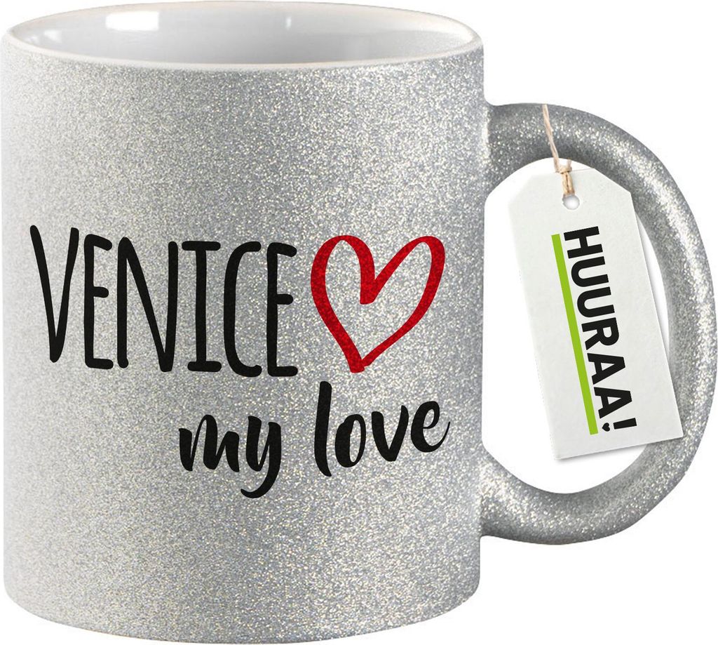 Huuraa Glitzertasse Venice my love 330ml Silber Keramik Kaffeebecher Geschenkidee