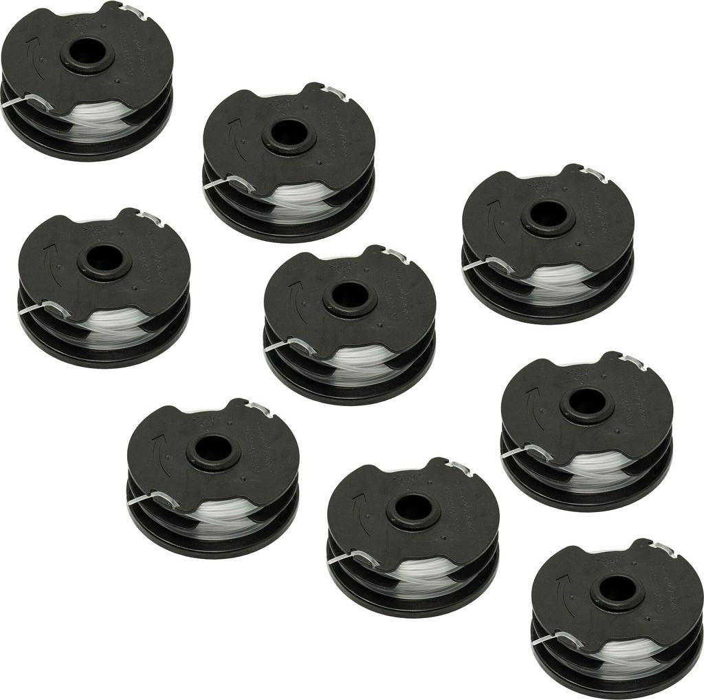 A collection of nine spools of trimmer line, arranged in a grid pattern on a white background.