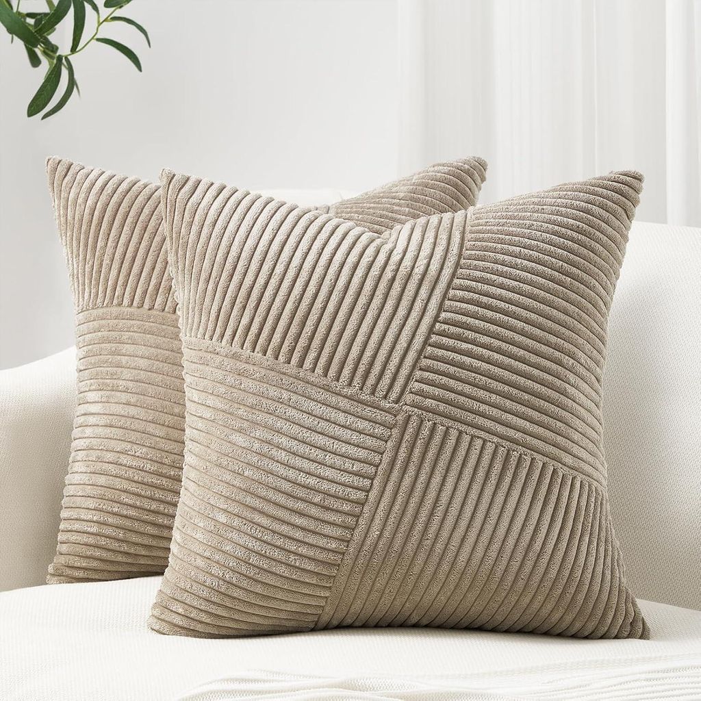 Set mit 2 taupefarbenen Cord-Kissenbezügen, 60 x 60 cm, mit Streifenmuster, weich, dekorativ, für Sofa, Schlafzimmer, Wohnzimmer oder Balkon.