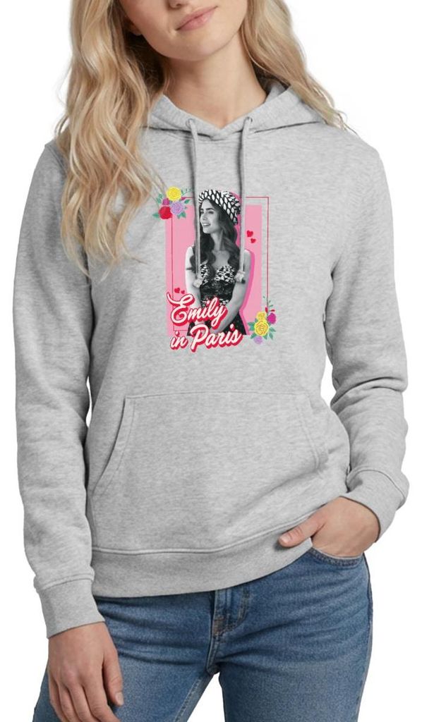 Spreadshirt Emily In Paris Emily Schwarz-Weiß Bild Mit Blumen Damen Hoodie, S, Hellgrau meliert