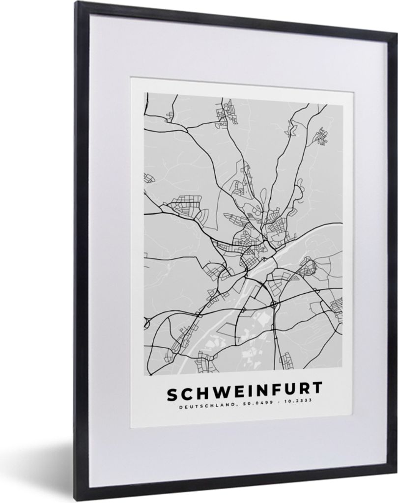 MuchoWow Gerahmtes Poster Deutschland - Karte - Schweinfurt - Stadtplan 30x40 cm - Poster mit Schwarzem Bilderrahmen Wandposter Rahmen Foto Bilde...