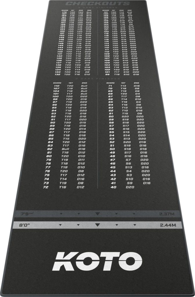 KOTO - Dartteppich Carpet Checkout Grau, 285x80cm Dartmatte, Schutz Bodens & Dartpfeile, Mit Score-Indikation + Oche