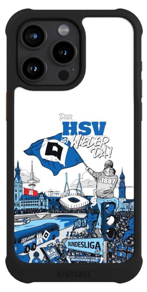 NIVOCASE Hülle für Apple iPhone 15 Pro Max Stoßfeste Handyhülle NIVOmax Case Schwarz Aufstieg Hamburger SV Offizielles Lizenzprodukt