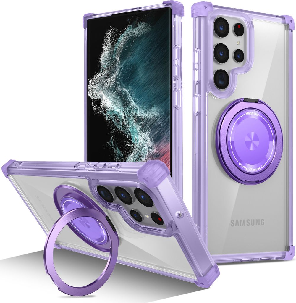 Handyhülle für Samsung Galaxy S22 Ultra 5G Magnetisches Ringhalter Ständer Kompatibel mit Magsafe Militärschutz Transparente Hülle Lila