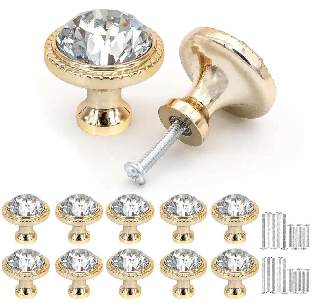 Boutons de meubles en cristal doré 32mm, lot de 10 poignées de placard