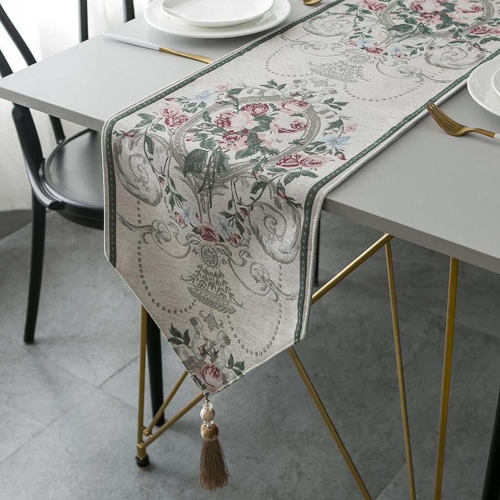 Jacquard-Chenille-Quasten-Tischläufer für Haushalt, Bett, Handtuch, Wohnzimmer, Couchtisch, TV-Schrank, Tischdecke