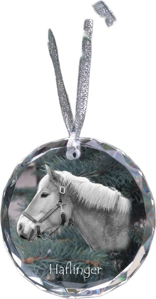 Haflinger - Kristallkugel mit einem Foto, Pferdefoto im Kristall, personalisierter Weihnachtsbaumanhänger von der Marke Art-Dog