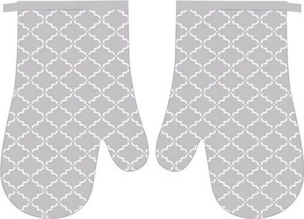 A pair of oven mitts with a quatrefoil pattern.